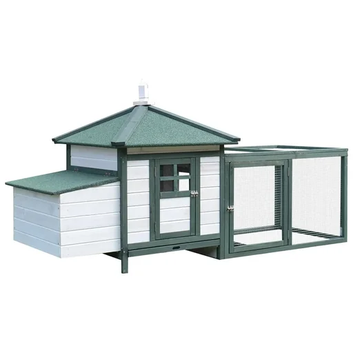 "Zwerghühnerstall mit Auslauf Stall mit Sitzstangen Nistkasten Massivholz Weiß+Grün 196 x 76 x 97 cm image"