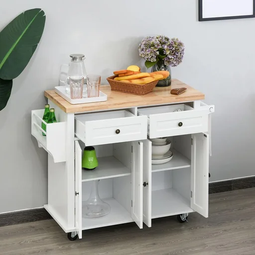 "Küchenschrank Küchenregal mit Rollen Schublade und verstellbares Regal Gummiholz MDF Spanplatte Weiß 111 x 44,5 x 82,5 c image"