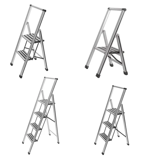 "Alu-Design Klapptrittleiter 3-stufig Silber, rutschfeste Haushaltsleiter, Sicherheits-Stehleiter image"