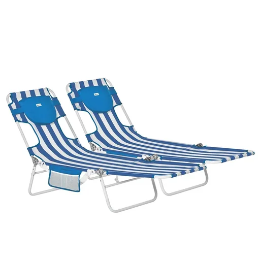 "2er-Set Sonnenliege Gartenliege mit Leseöffnung 5-stufig einstellbar Gartenmöbel PVC-Gewebe+Metall Blau+Weiß 182 x 55 x image"