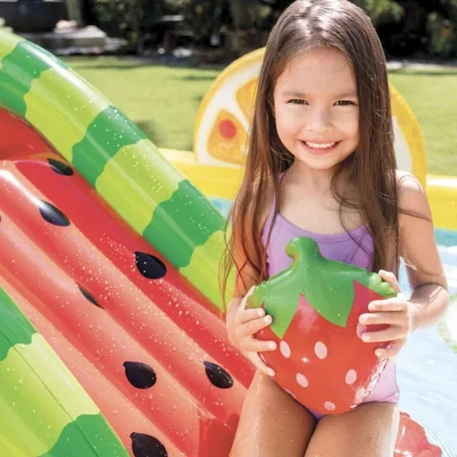 "Aufblasbares Kinderbecken mit Rutsche Obst 244 x 191 x 91 cm INKL. Free And Easy Schwimmbadfliesen Schaumstoff Blau 9 image"