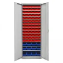 Regalschrank mit Tür, 15 Fachböden, 90 Lagersichtkästen Gr.3 / Gr. 2L