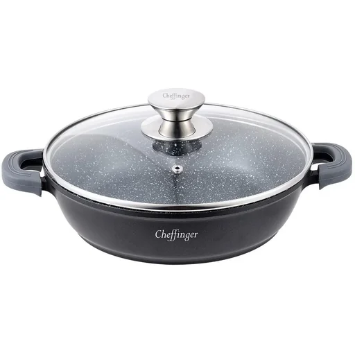 "Cheffinger Schmortopf / Niedriger Kochtopf - Marmorbeschichtung - mit abnehmbaren Silikongriffen - Edelstahl - 32 cm image"