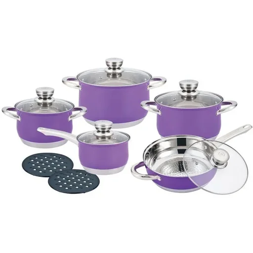 "Herenthal - Komplettes 12-teiliges Kochgeschirr-Set - Edelstahl - Lila image"
