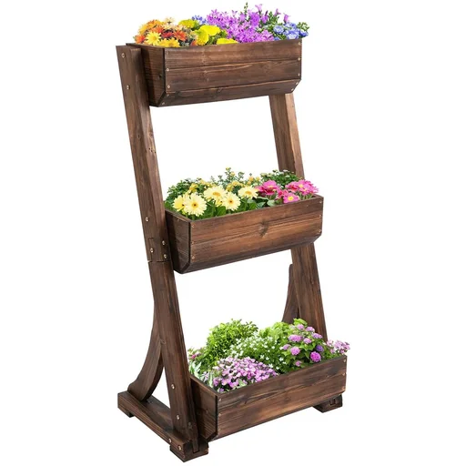 "Blumentreppe Holz Blumenleiter mit 3 Ablagen Pflanzentreppe Pflanzregal Pflanzenständer Blumenregal Blumenständer Braun image"