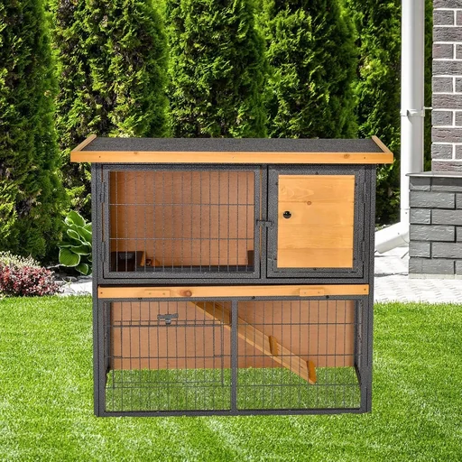 "Kaninchenstall erhöhtes Haustier Haus Kaninchenkäfig mit verschließbare Tür Holz-Metall Hellgelb 89,5 x 45 x 81 cm image"