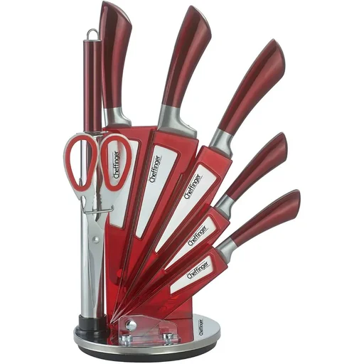 "Cheffinger 8-teiliges Messerset mit Ständer - Silber/Rot image"