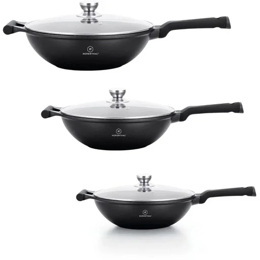 "Herenthal 3 teiliges Pfannenset - Wokpfannen - 28cm, 30cm, 32cm - Marmorbeschichtung - Mit Deckel image"
