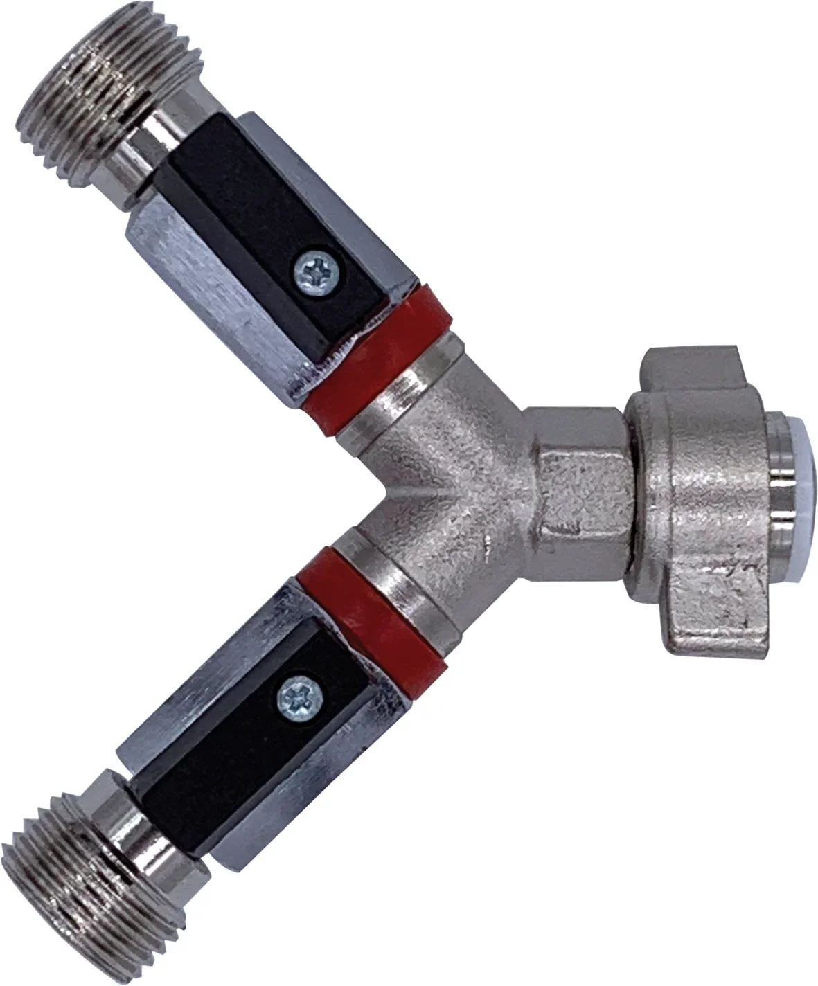 Absperrhahn, Absperrventil 2-leitig, für Druckminderer, Gewindegrößen: 1 x 3/4“ IG und 2 x 3/4“ AG