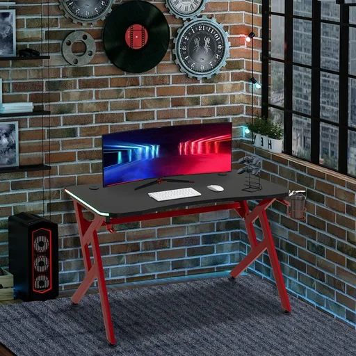 "Gaming Tisch RGB-Lichter Schreibtisch R-förmiger 4 verstellbare Fußstützen Computertisch Arbeitstisch Spanplatte Metall image"