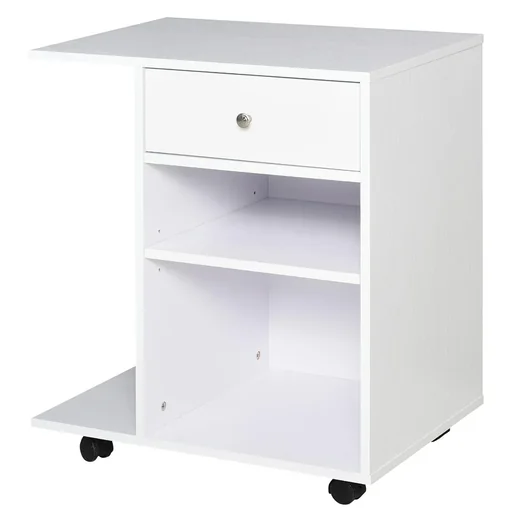 "Druckertisch, Druckerständer, Bürowagen, Rollwagen mit Schublade+2 Ablagen+CPU-Ständer, Spanlatte, Weiß, 60 x 40 x 68,5 image"