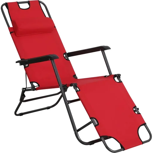 "Sonnenliege mit Kissen, Klappbare Strandliege, 2-Stufige Gartenliege , 2-in-1 Relaxliege, Metall + Oxfordstoff, Rot 135 image"