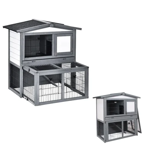 "Kaninchenhaus Kaninchenstall Stall mit Rampe für Meerschweinchen Hasen mit Freilauf Tannenholz Grau+Weiß 101,5 x 90 x 10 image"