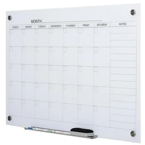 "Kalendertafel Glasplatte mit 4 Glasclip Marker Radiergummi Aluminium-Stifthalter Magnettafel für Monatsplanungen magneti image"