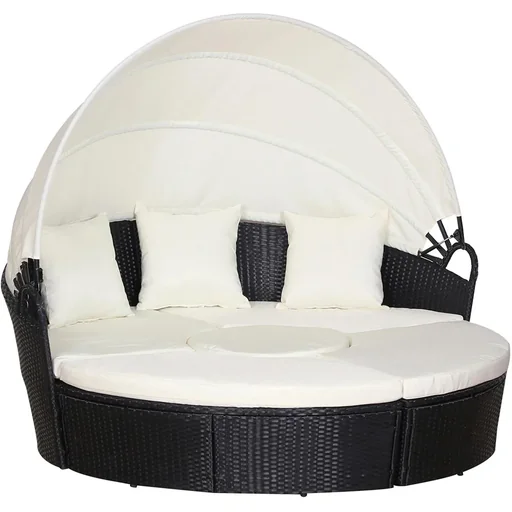 "Rattan Sonneninsel, Loungegruppe mit Sonnendach, Sitzgruppe, Kissen und Beistelltisch, Metall, Creme, 180 x 175 x 147 cm image"