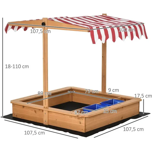 "Sandkasten Holz bodenlos Design für Kinder 3-7 Jahre mit Deckel und Dach 107,5 x 107,5 x 110 cm image"
