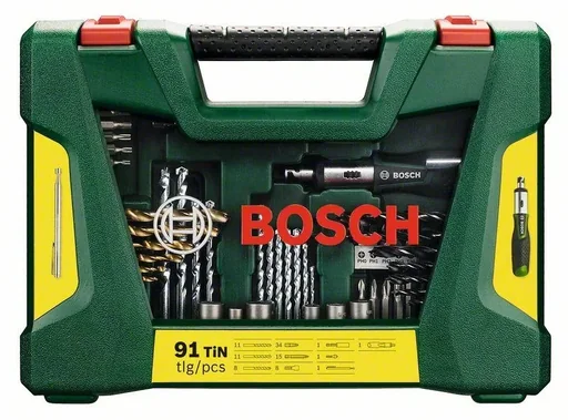 "V-Line TiN-Bohrer- und Bit-Set mit Ratschen-Schraubendreher und Magnetstab 91-teilig image"