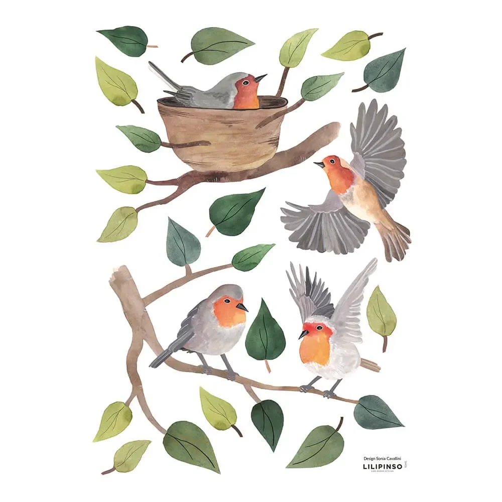 Lilipinso Wandsticker A3 Rotkehlchen im Baum grau
