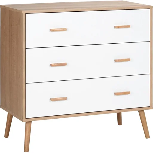"Kommode mit 3 Schubladen Sideboard Schubladenkommode Schrank Mehrzweckschrank Wohnzimmer Esszimmer Skandi-Design Weiß+Na image"