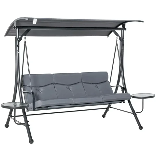 "Hollywoodschaukel 3-Sitzer Gartenschaukel Schaukelbank mit verstellbarem Sonnendach Teetisch Stahl Polyester Grau+Schwar image"