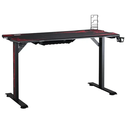 "Gaming Tisch Schreibtisch mit Kopfhörerhaken Getränkehalterung Computertisch MDF Metall Schwarz+Rot 140 x 70 x 77 cm image"