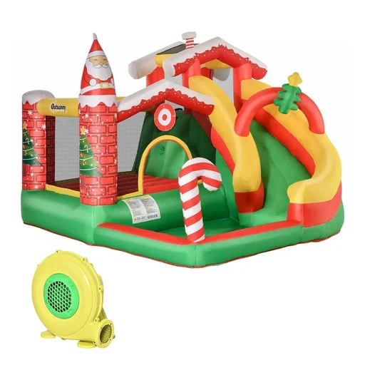 "Weihnachten Aufblasbare Hüpfburg für 3 Kinder Springburg mit Gebläse für 3-8 Jahre Rot+Grün+Weiß 290 x 280 x 220 cm image"