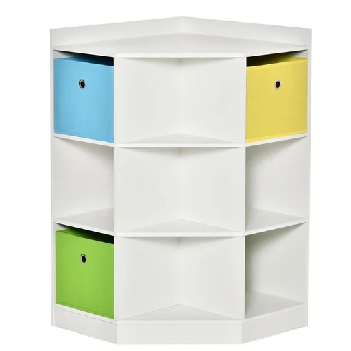 "Kinderregal Eckregal mit 3 Aufbewahrungsboxen Kinderzimmer Spielzeugablage für 3-12 Jahre Kinder Weiß 57,4 x 57,4 x 94 c image"