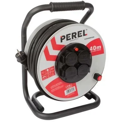 "Professionelle Kabeltrommel, Innen- und Außenbereich, spritzwassergeschützt (IP44), 4 Steckdosen mit französischer Erdung, Anti-Verdreh-System, Thermoschutz, Kabellänge 40 m, 3G2.5, grau/schwarz image"