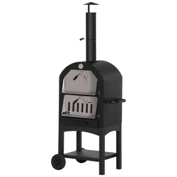 2-In-1 Pizzaofen Outdoor mit Rollen 3-Tier Holzbackofen für BBQ Stahl Schwarz+Si