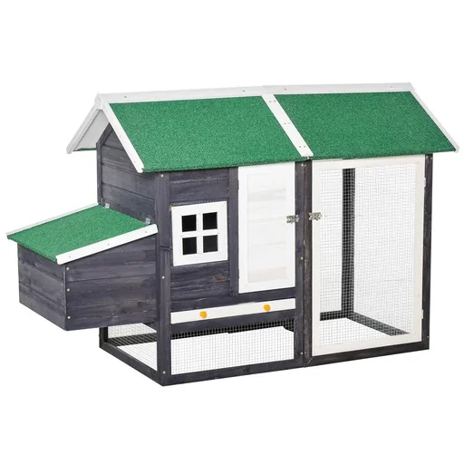 "Hühnerstall modern Hühnerhaus mit Nistkasten und einem komplett überdachter Laufstall, Grau, Tannenholz, Metalldraht, As image"