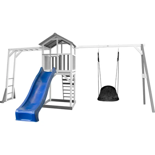 "Beach Tower Spielturm mit Klettergerüst und Roxy Nestschaukel - Blaue Rutsche image"